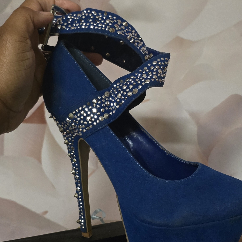 Blue Suede Heels with Rhinestones - Picture 3 of 3